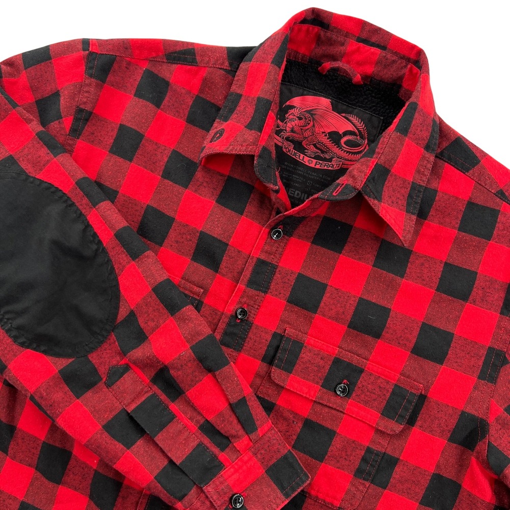 Powell Peralta Sherpa Flannel Shirt Jacket Men M Red Buffalo Plaid Elbow Patches